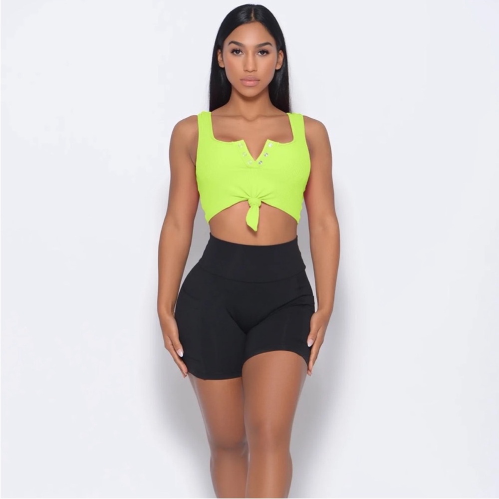 Bombshell Sportswear Neon Yellow Green Henley Knot Sports Bra Crop Top